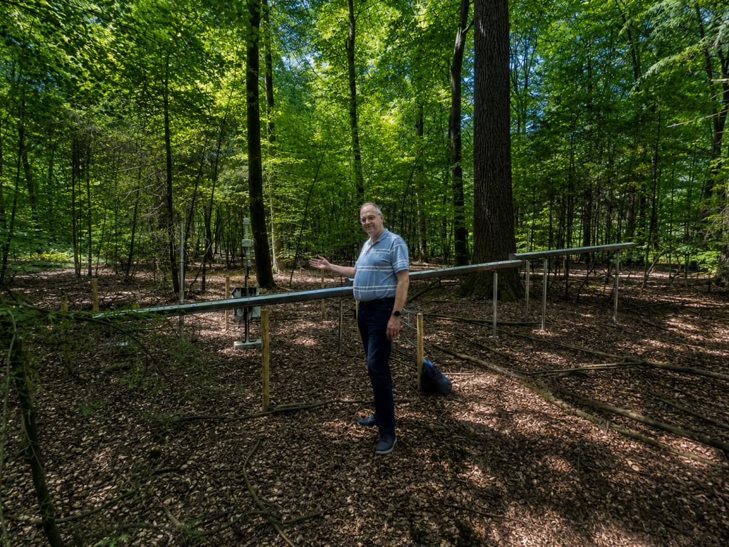 Drie foto's; Almer Bolman loopt naar meetpunt van project Recharge en wijst ernaar.